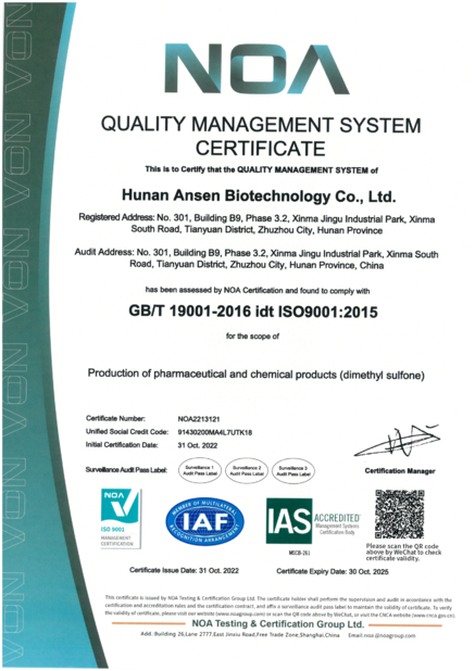 Κίνα Zhuzhou Hansen Chemicals Co.,Ltd Πιστοποιήσεις