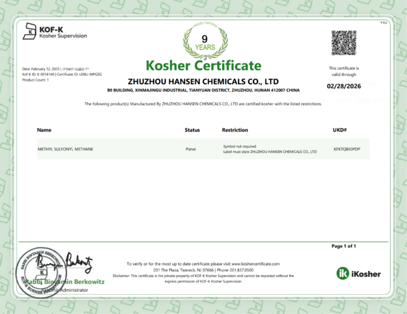 Κίνα Zhuzhou Hansen Chemicals Co.,Ltd Πιστοποιήσεις